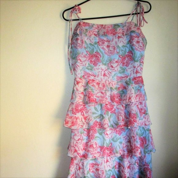 WAYF Chiffon Tiered Ruffle Dress Midi Plus Size 1X Tie Shoulder Blue Pink - Picture 8 of 10